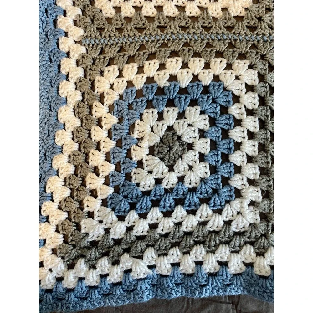 Handmade Crochet Granny Square Sofa Throw Blanket 36x36 Blue White Gray